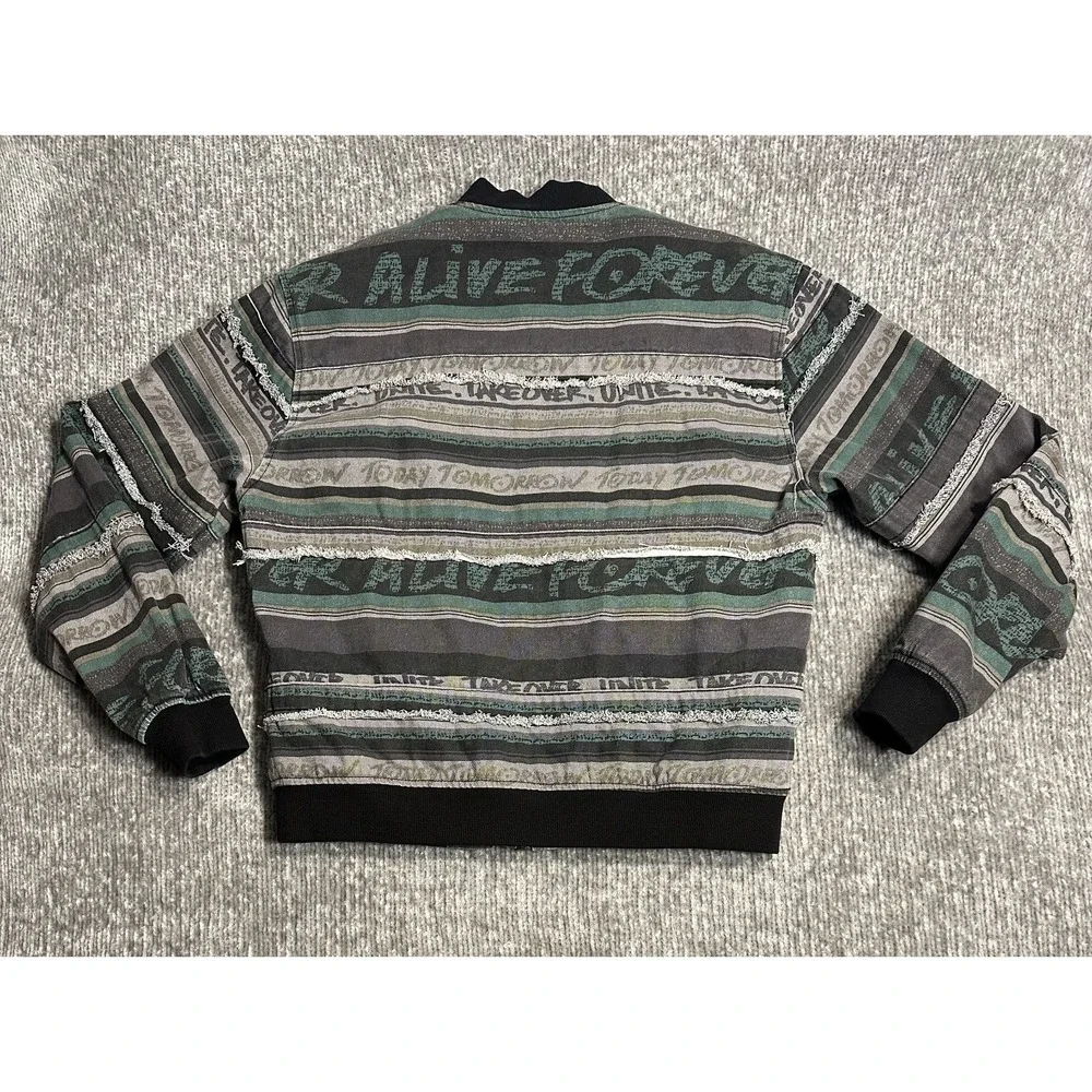 Forever 21 Men's Bomber Jacket L Quilted Distressed Striped Graphic Y2K Zip Rare